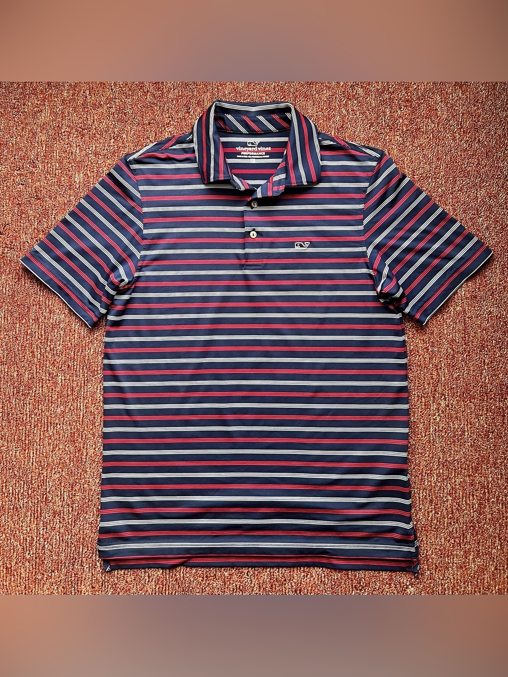 Men's Vineyard Vines Perfomance Polo Shirt: Navy with Red/white Stripes - XS